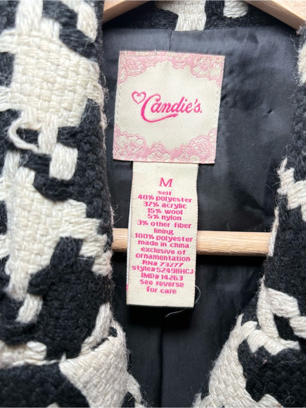 Candie's Cream & Black Houndstooth Peacoat Double Breasted Coat Classic Preppy - Picture 3 of 11